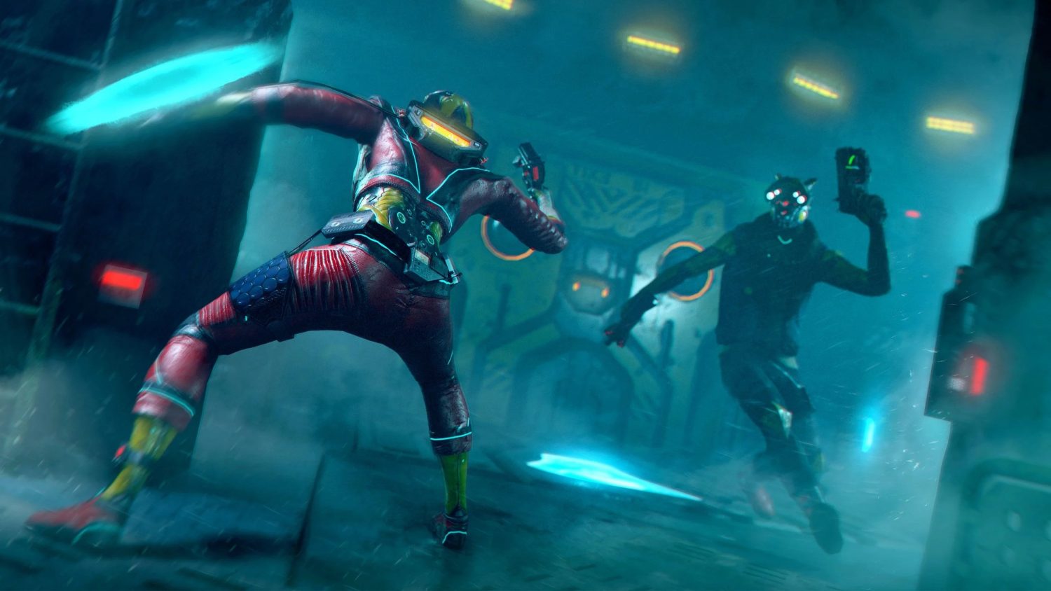 Screenshot of the video game Space Pirate Trainer, in which two people in space suits brandish futuristic guns at each other.